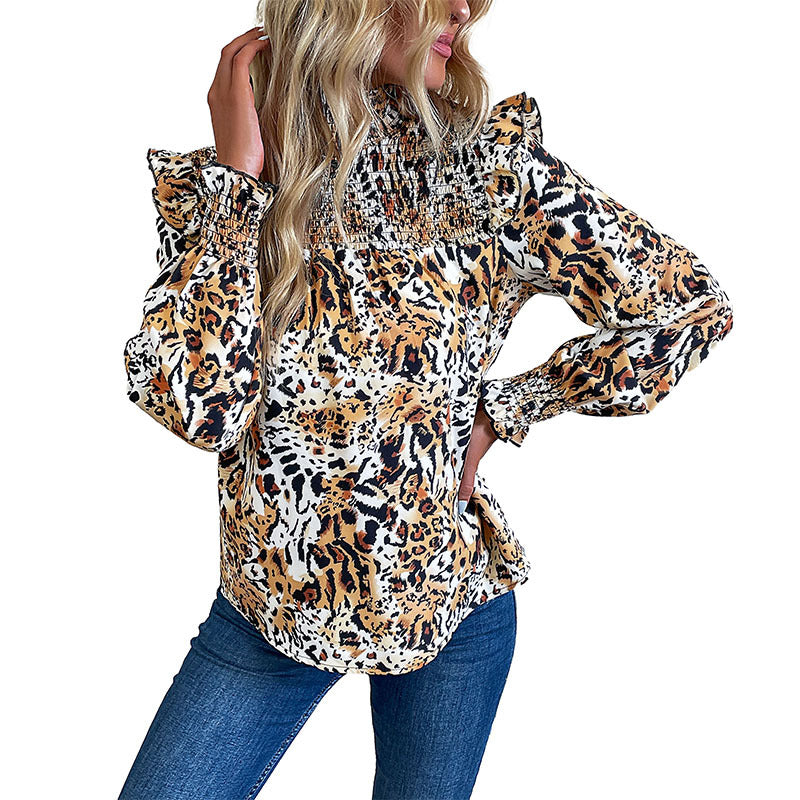 Damen Smocked-Bluse mit hohem Kragen, geraffter Schulterpasse und Animal-Print Shop Nory