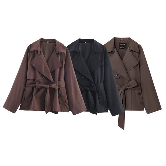 Damen Gekürzte Trenchjacke mit Schalkragen, Bindegürtel und Pattentaschen Shop Nory