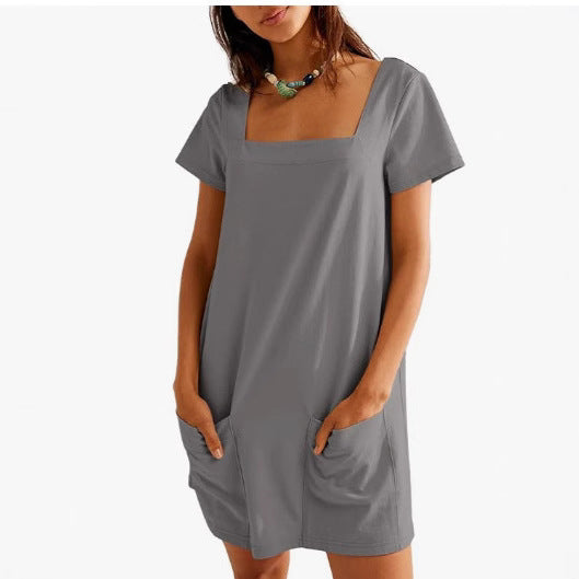 Damen Lockeres Sommerkleid mit Quadrat-Ausschnitt und praktischen Taschen