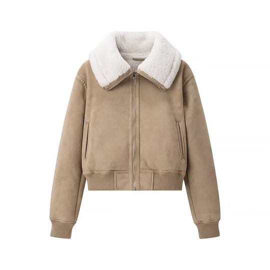 Damen Bomberjacke aus Veloursimitat mit Teddyfutter und großem Schalkragen Shop Nory
