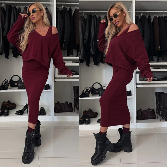 Damen weiches geripptes Lounge-Set mit Oversize-Viskoseshirt und High-Waist Schlaghose Shop Nory