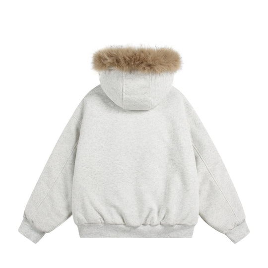 Damen Kurzboxy Kapuzenblouson aus French‑Terry mit voluminöser Kunstfellkante Shop Nory