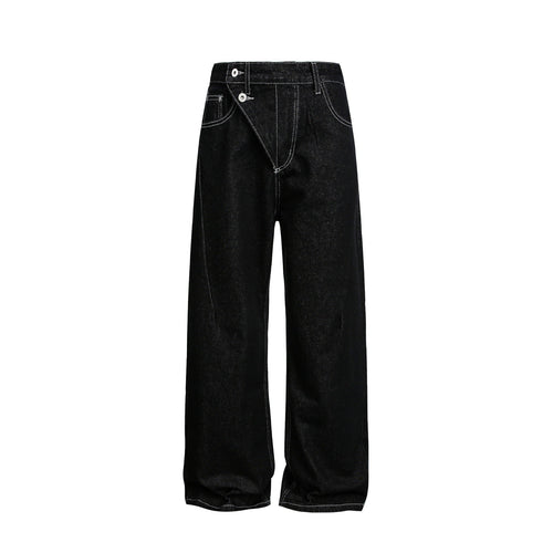 Damen Weite High-Waist Jeanshose mit asymmetrischem Knopfverschluss und Kontrastnähten Shop Nory