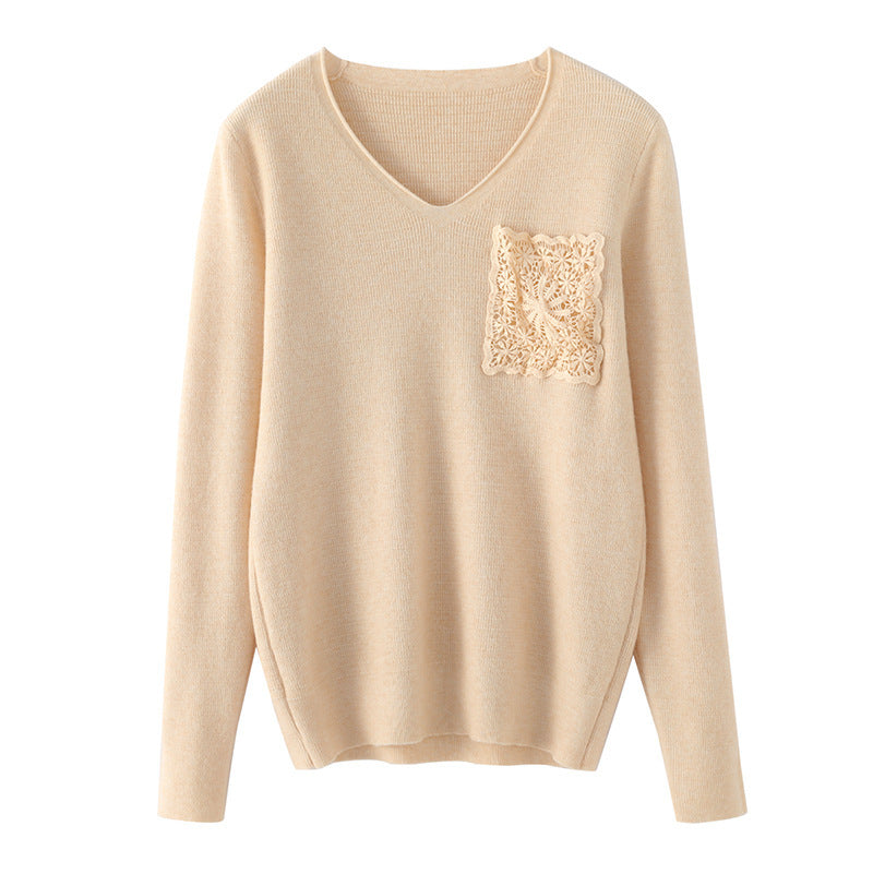 Damen Kaschmir‑Optik V‑Ausschnittpullover mit floraler Häkelapplikation Shop Nory