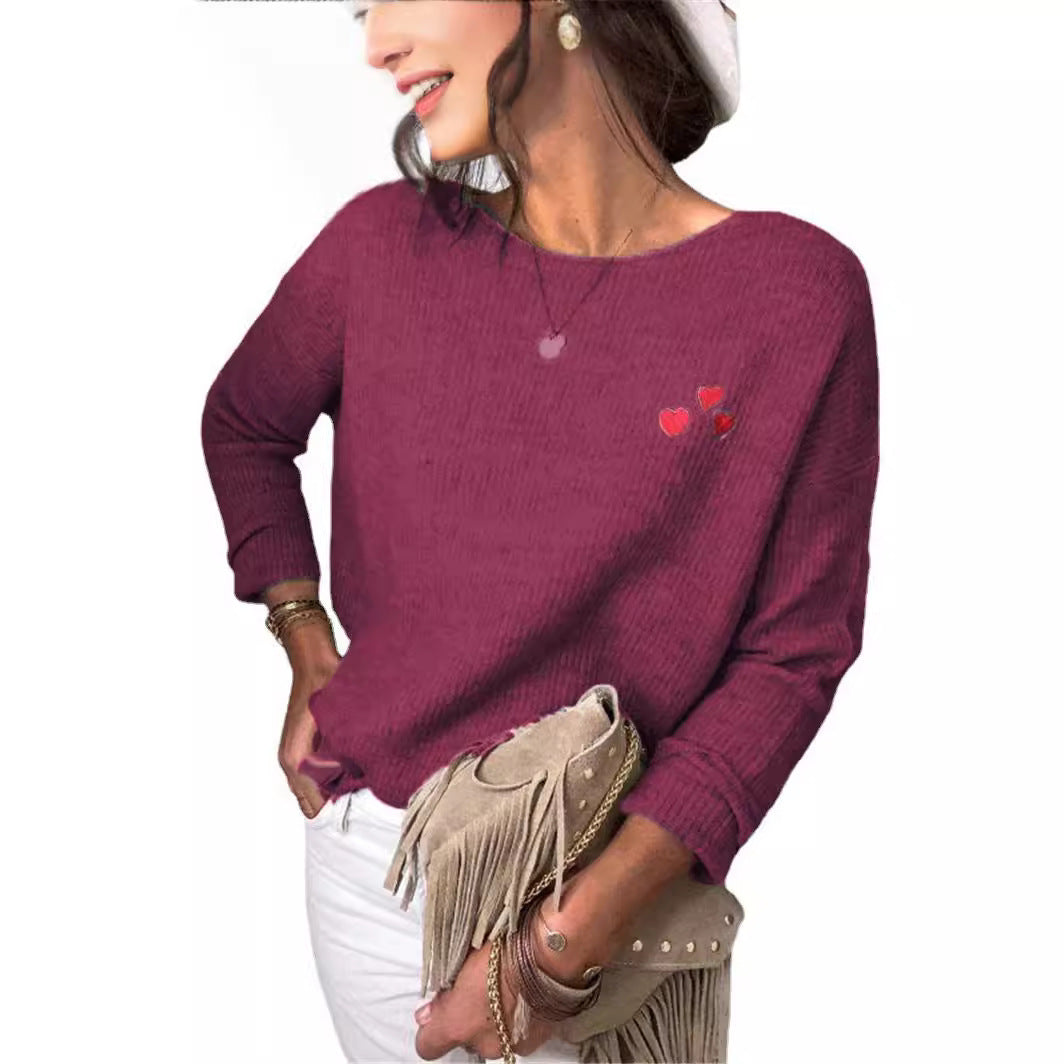 Damen Oversize Strickpullover mit Herz-Stickerei und weitem Boot-Ausschnitt Shop Nory