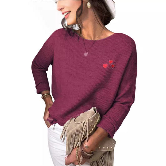 Damen Oversize Strickpullover mit Herz-Stickerei und weitem Boot-Ausschnitt Shop Nory