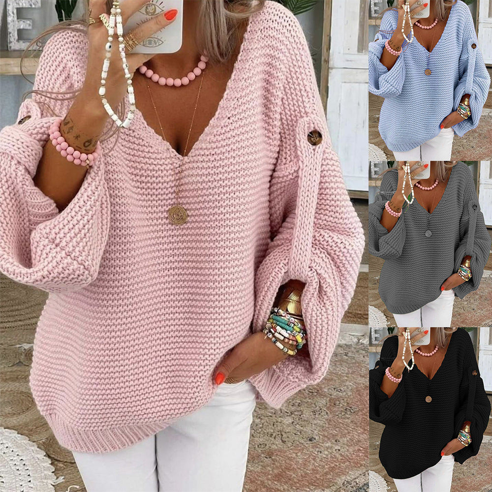 Damen weiter Strickpullover mit V-Ausschnitt, Ballonärmeln und Knopfdetail Shop Nory