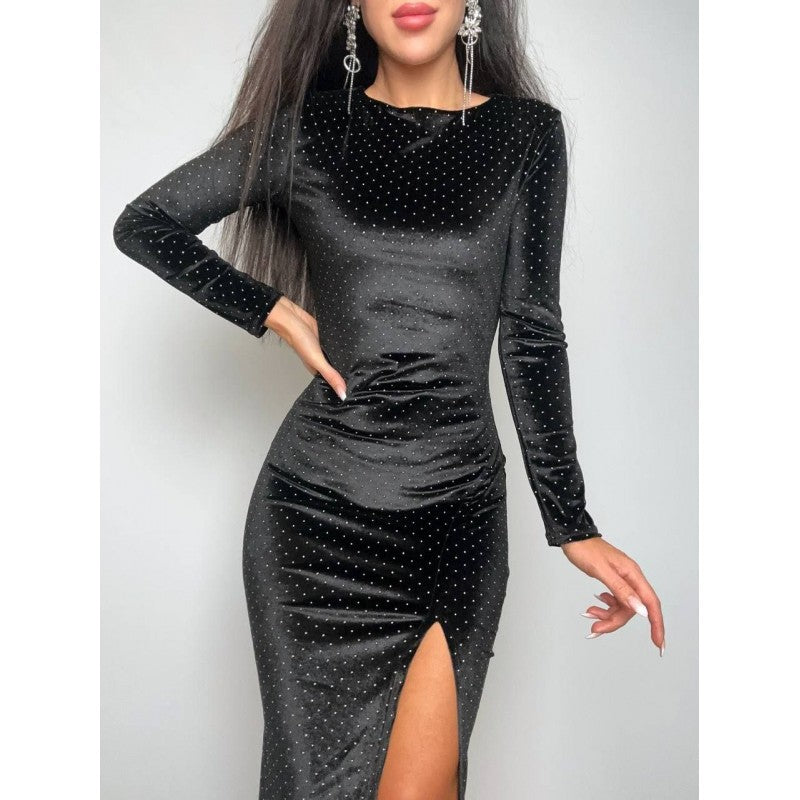 Damen Samt-Midikleid mit eleganten Pailletten und seitlichem Schlitz Shopnory