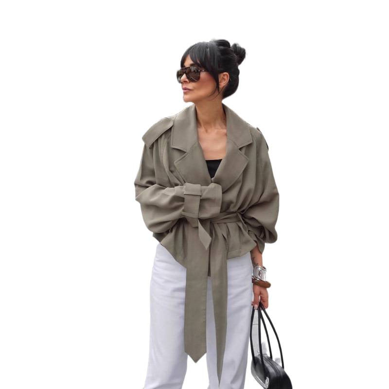 Damen Oversize Trenchjacke im Cropped-Schnitt mit Bindegürtel, überschnittenen Schultern und Ballonärmeln Shop Nory