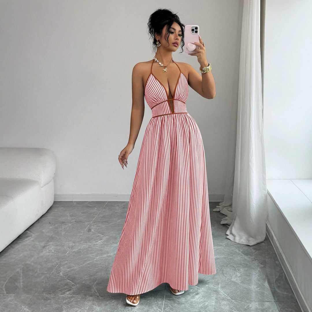 Damen Gestreiftes Neckholder-Maxikleid mit tiefem V-Ausschnitt und Taillen-Cut-Out Shop Nory