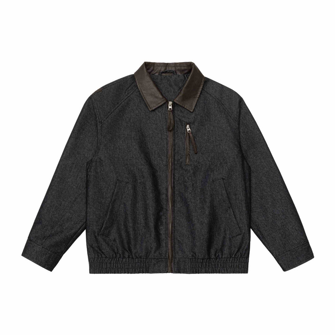 Herren Kurzblouson im Boxy-Cut aus Woll-Denimmix mit lederbesetztem Kragen und vertikaler Reißverschluss-Brusttasche Shop Nory