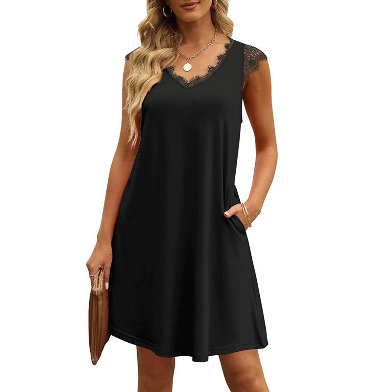 Damen ärmelloses Kleid mit Spitzendetail und seitlichen Taschen Shopnory