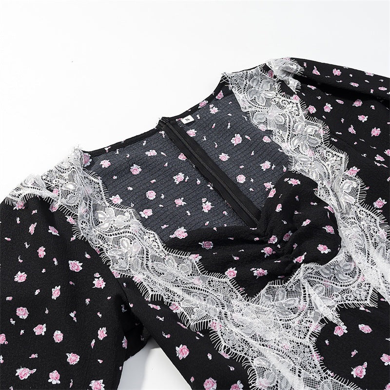 Damen Langärmeliges Maxikleid mit Spitzenborten, tiefem V‑Ausschnitt und floralem Alloverprint Shop Nory