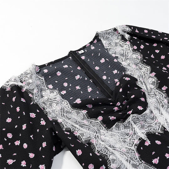 Damen Langärmeliges Maxikleid mit Spitzenborten, tiefem V‑Ausschnitt und floralem Alloverprint Shop Nory