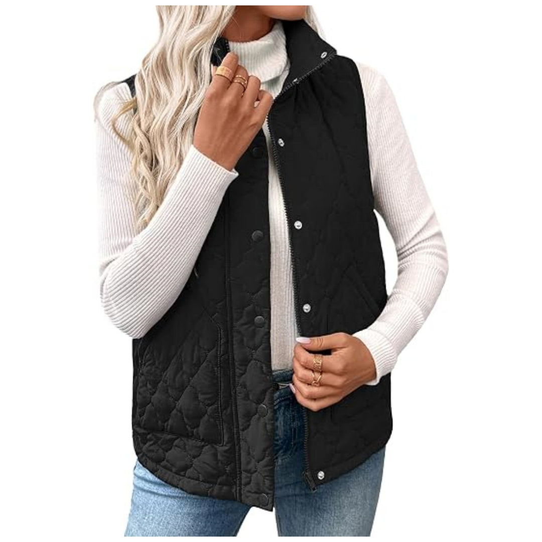 Damen Steppweste mit hohem Stehkragen, Doppelverschluss und geschwungenem Saum Shop Nory