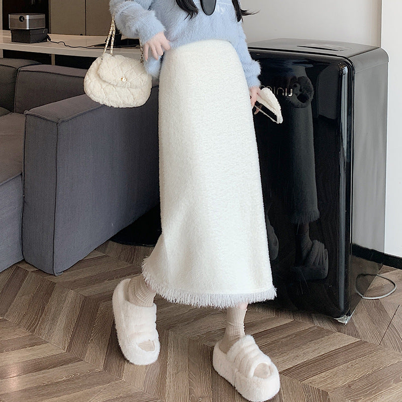 Damen Eleganter Strickmaxirock mit Fransendetails Shop Nory