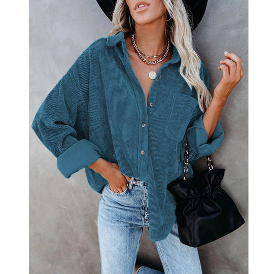Damen Oversize Cordhemdjacke mit Brusttasche und durchgehender Knopfleiste Shop Nory