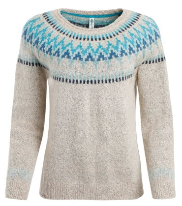 Damen nan melierter Rundhalsausschnittpullover mit kreisförmigem Jacquard-Yoke und geripptem Saum Shop Nory
