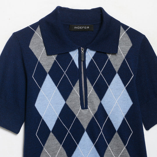 Damen Kurzarm-Polokragen-Strickpullover mit Rauten-Jacquard und Halbzip Shop Nory