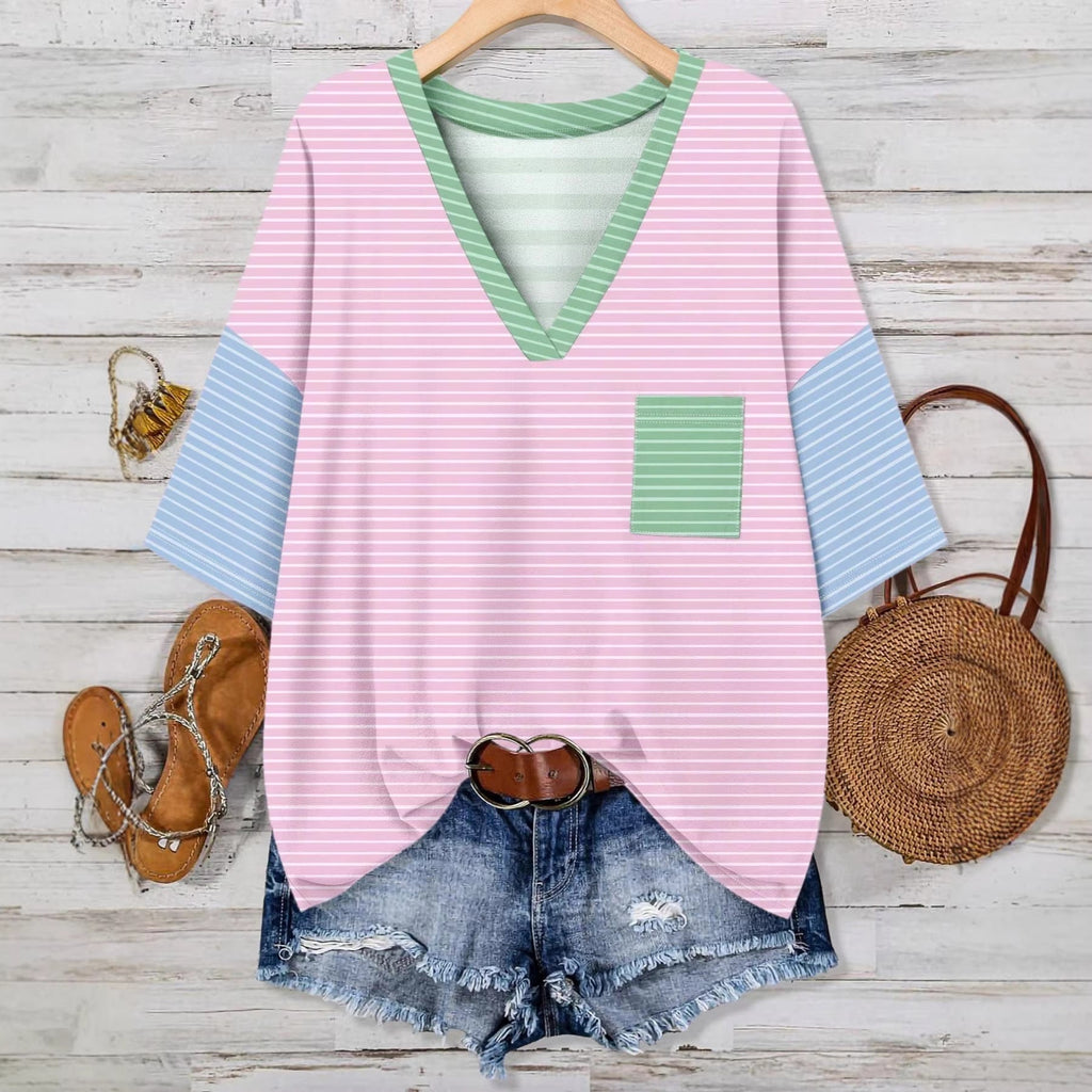 Damen lässiges V-Neck T-Shirt mit Streifen-Design