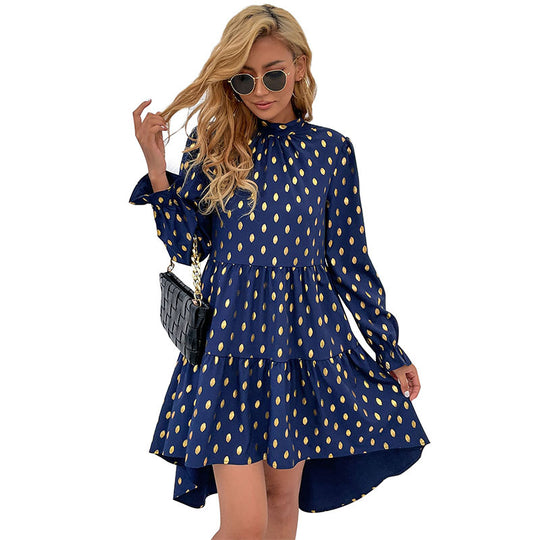 Damen Volant-Stufenkleid mit gerafftem Stehkragen und glänzenden Pünktchen Shop Nory