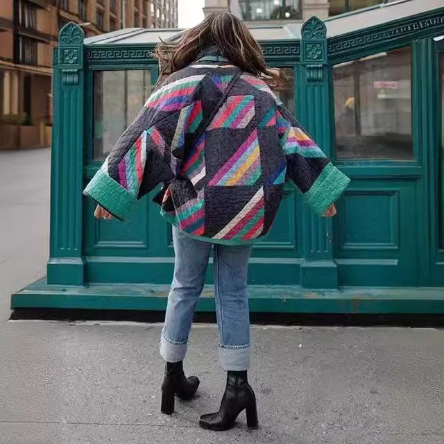 Damen wattierte Kimono-Steppjacke mit Patchwork-Design und weiten Ärmeln Shop Nory