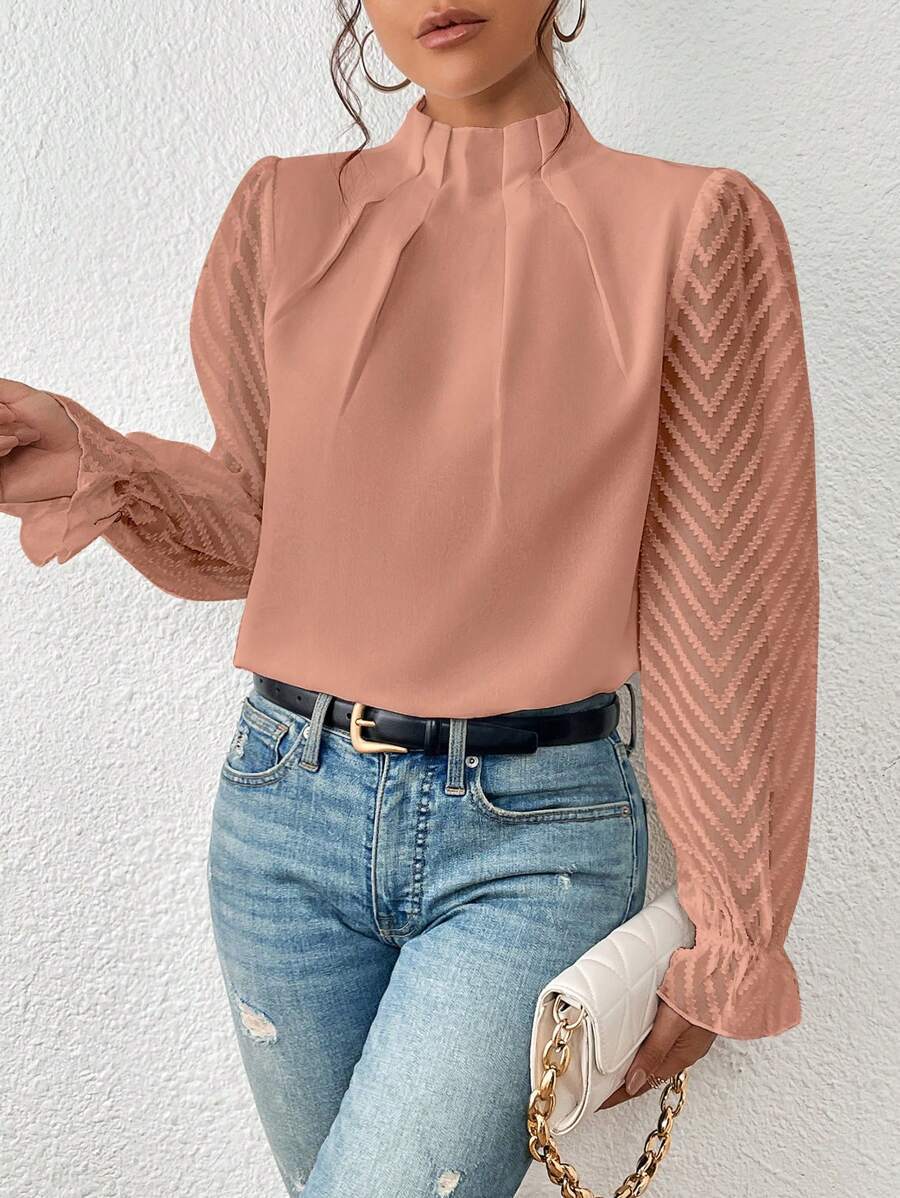 Damen Taillierte Chiffonbluse mit Stehkragen und transparenten Chevron-Ärmeln Shop Nory