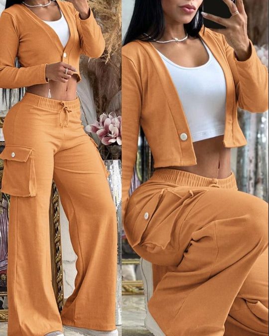 Damen Lounge-Set mit weicher Cargo-Sweathose mit weitem Bein und Cropped-Cardigan Shop Nory
