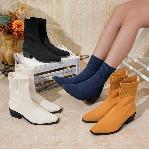 Damen Strick-Stiefelette mit sockenhaftem Schaft und mittelhohem Blockabsatz Shop Nory