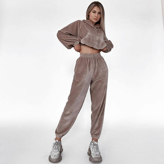 Damen Samt-Cropped-Loungewear-Set mit Kapuzenpullover und elastischer High-Waist-Jogginghose Shop Nory