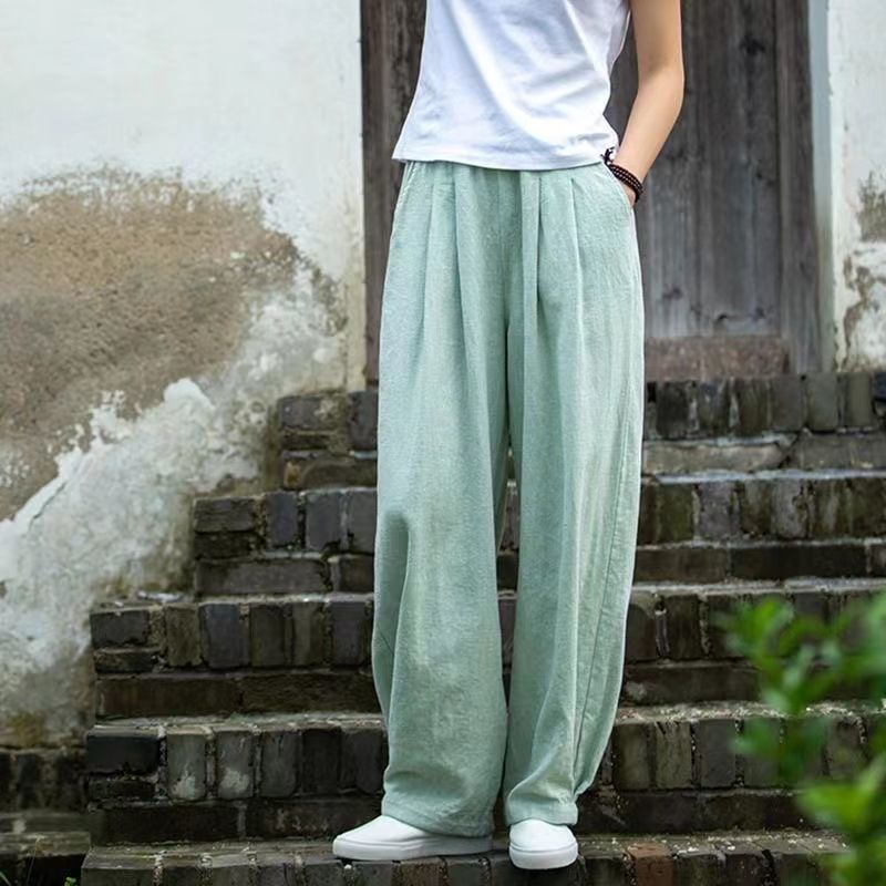 Damen weite Leinenhose mit elastischem Bund und seitlichen Taschen
