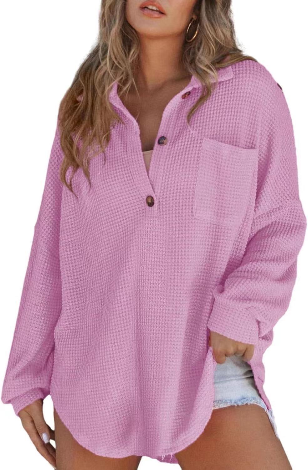 Damen Oversize Waffel-Strick Hemdtunika mit Brusttasche und Holzknöpfen Shop Nory