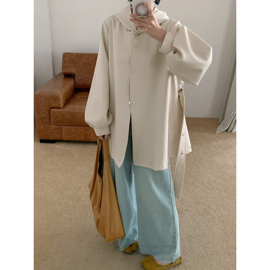 Damen Oversize Midimantel mit Kapuze, verdeckter Knopfleiste und voluminösen Ärmeln Shop Nory