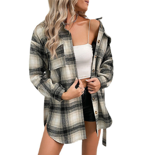 Damen Kariertes Longline-Hemdmantel mit Knopfleiste und Taillengürtel Shop Nory