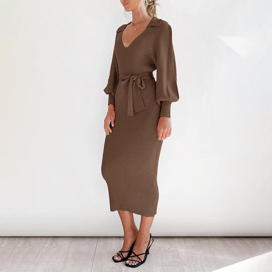 Damen Figurbetontes Rippstrick Midikleid mit V Ausschnitt Schalkragen Ballonärmeln und Bindegürtel Shop Nory