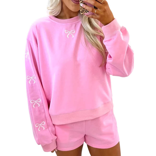 Damen Kuscheliges Sweat-Lounge-Set mit Shorts und bestickten Ballonärmeln Shop Nory