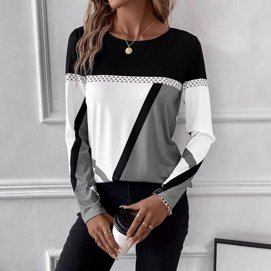 Damen Langarmshirt mit geometrischem Blockprint und Rundhalsausschnitt Shop Nory