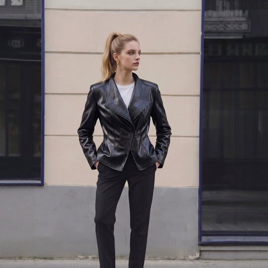 Damen Taillierte Kunstlederjacke mit asymmetrischem Reißverschluss und Ziersteppungen Shop Nory