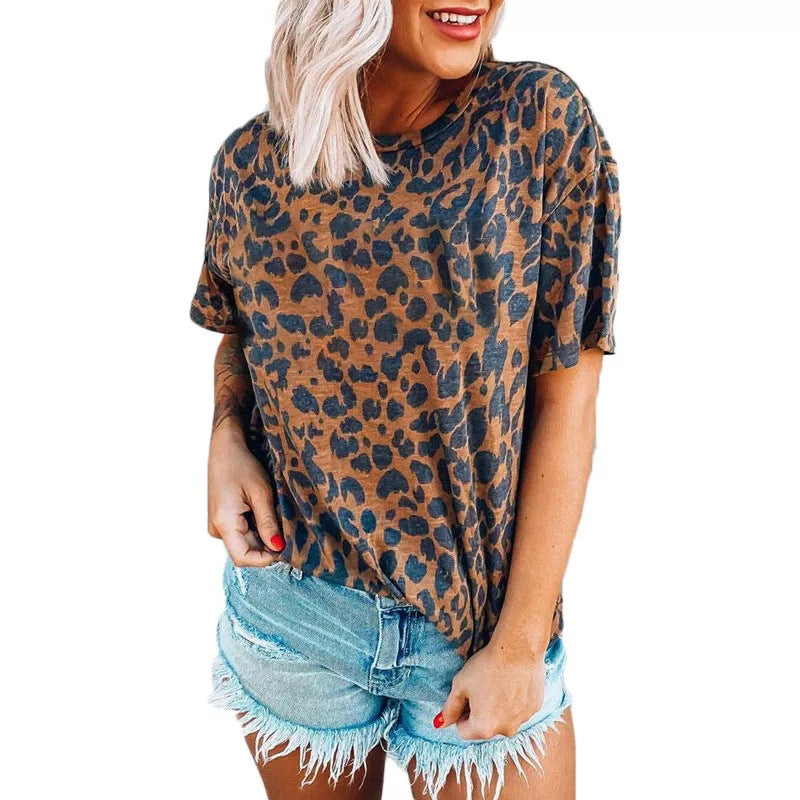 Damen lässiges Leoprint T-Shirt mit weichem Stoff und lockerer Passform