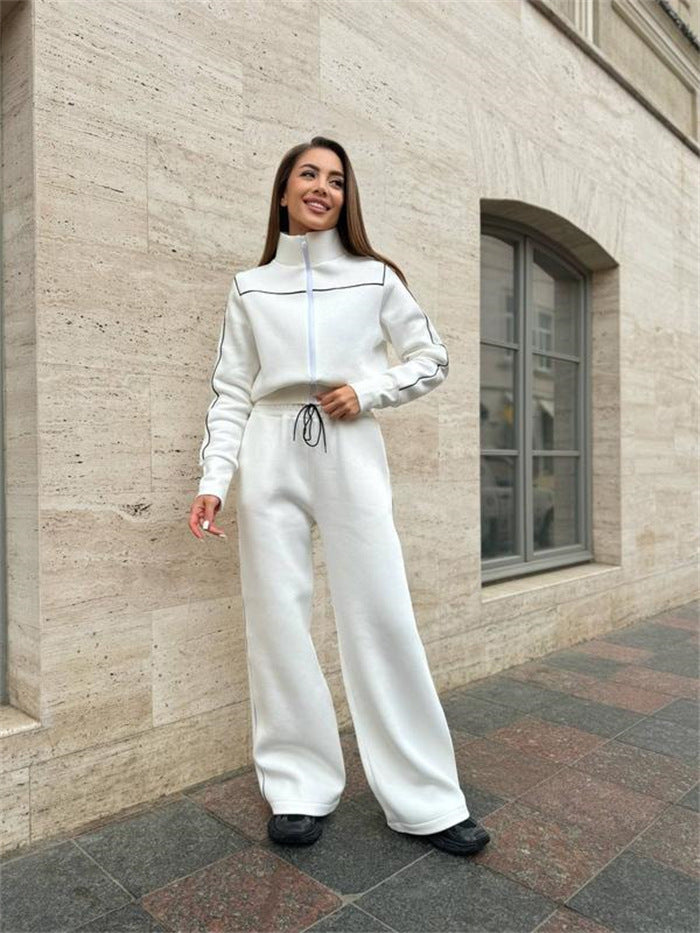 Damen Zweiteiliges Jogginganzug-Set mit Stehkragen, Kontrastpaspel und weitem Bein Shop Nory