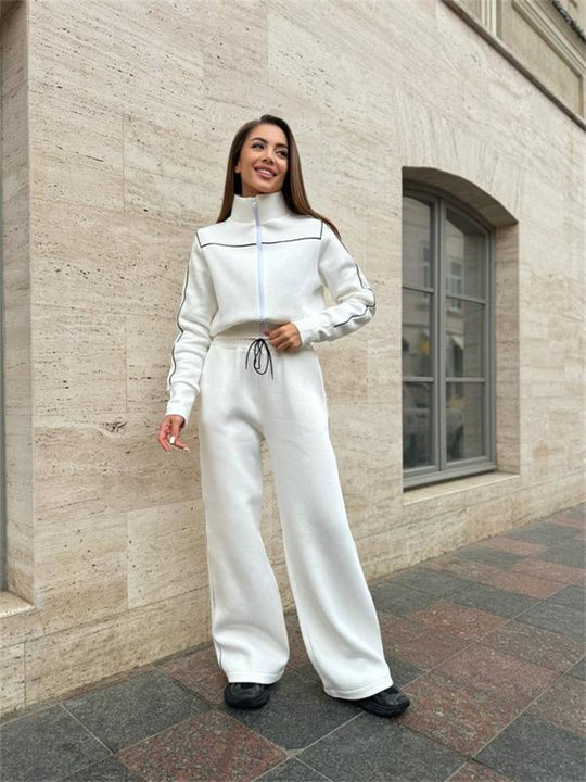 Damen Zweiteiliges Jogginganzug-Set mit Stehkragen, Kontrastpaspel und weitem Bein Shop Nory
