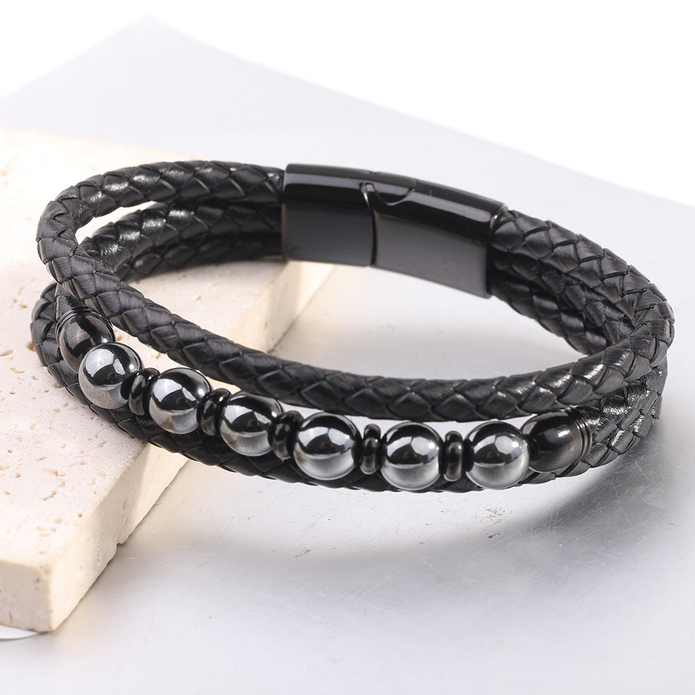 Herren Lederarmband mit geflochtenem Design und edlen Perlen Shop Nory