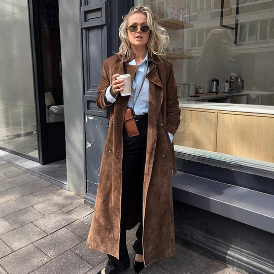 Damen Maxilanger Veloursleder‑Trenchcoat mit Bindegürtel Shop Nory