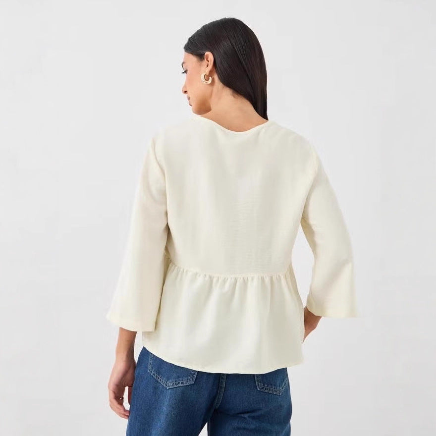 Damen Lockeres V‑Ausschnitt Blusentop mit Stickdetail und Empire‑Raffung Shop Nory