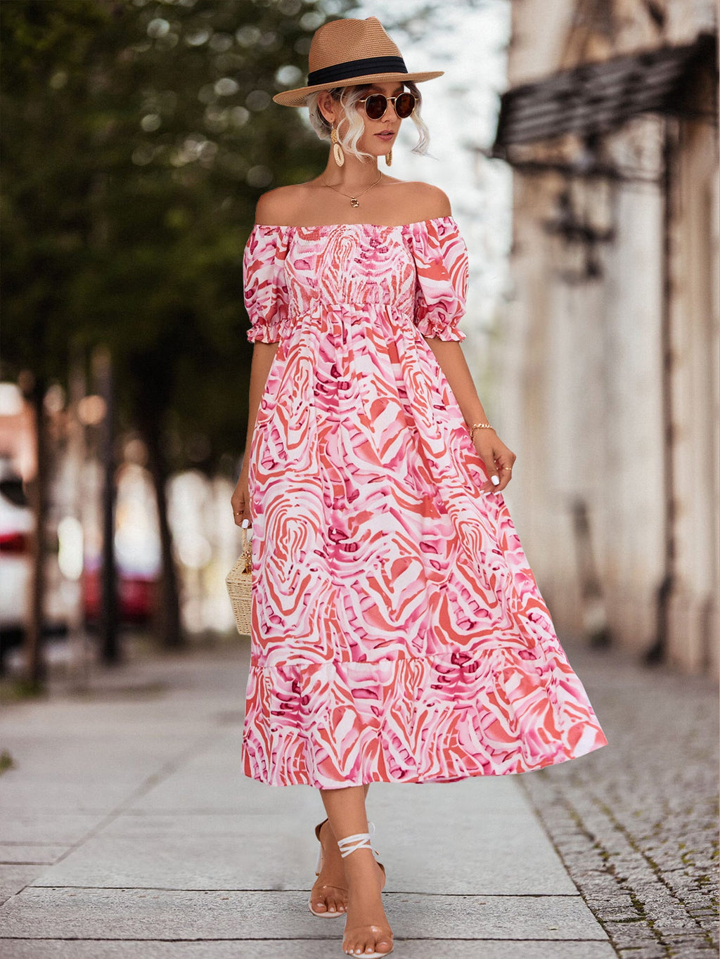 Damen Off-Shoulder Maxikleid mit floralen Akzenten und elastischer Taillierung