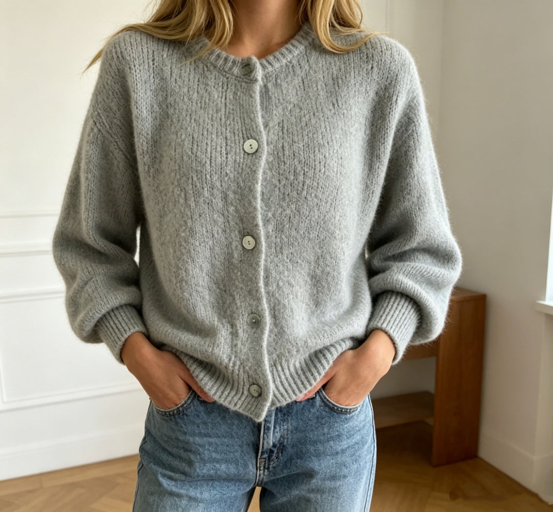 Damen Kuschelige Mohair-Optik Strickjacke mit Rundhals und Ballonärmeln Shop Nory