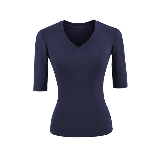 Damen Figurbetontes V‑Ausschnitt Dreiviertelarm Feinripp-Top aus Stretchjersey Shop Nory
