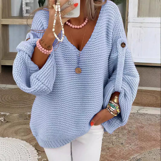Damen weiter Strickpullover mit V-Ausschnitt, Ballonärmeln und Knopfdetail Shop Nory