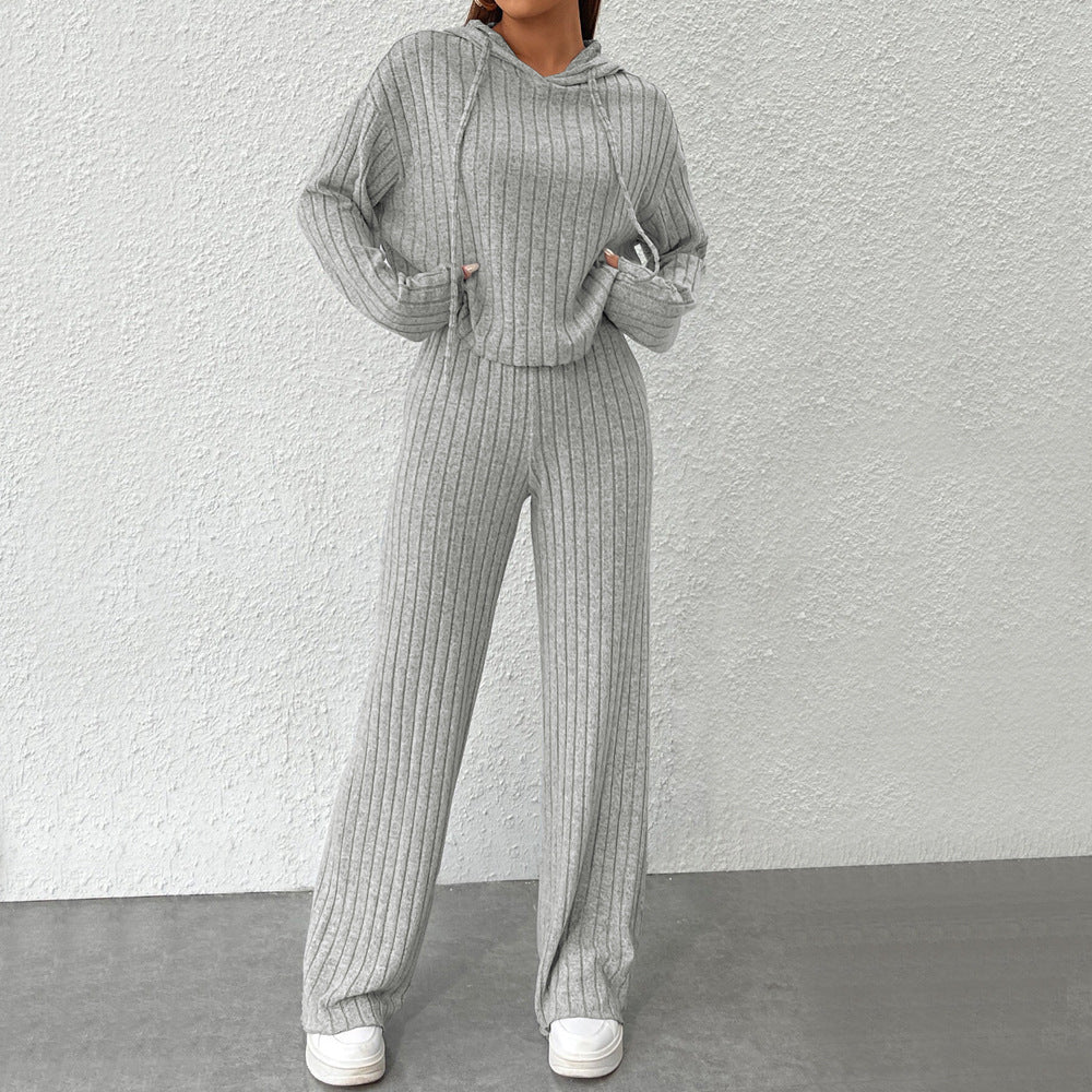 Damen geripptes Lounge-Set mit Kapuzenpullover und weiter Highwaist-Hose Shop Nory