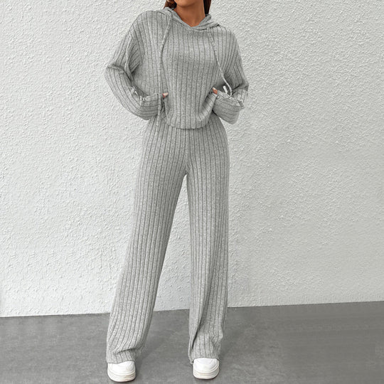 Damen geripptes Lounge-Set mit Kapuzenpullover und weiter Highwaist-Hose Shop Nory